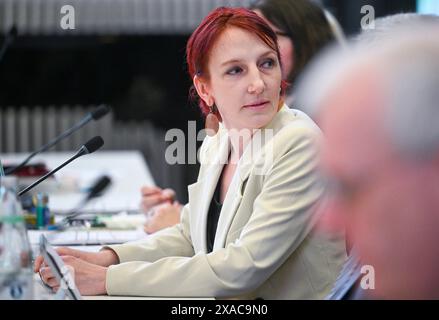 Berlin, Deutschland. Juni 2024. Geraldine Rauch, Präsidentin der Technischen Universität Berlin, nimmt an einer regelmäßigen Sitzung des Erweiterten Akademischen Senats Teil. Nach Angaben des Akademischen Senats der Technischen Universität Berlin soll sie bis zum frühen Donnerstagabend selbst entscheiden, ob sie an der Universität bleiben will oder nicht. Nachdem sie umstrittene Posten im Zusammenhang mit dem Gaza-Krieg gemocht hatte, war sie Gegenstand vieler Kritik gewesen. Quelle: Jens Kalaene/dpa/Alamy Live News Stockfoto