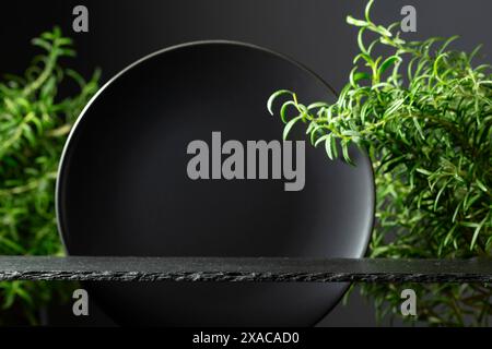 Schwarzes Steinpodium, schwarze Keramikplatte und Rosmarin-Zweige für Luxusproduktplatzierung. Minimaler Luxus. Kopierbereich. Stockfoto