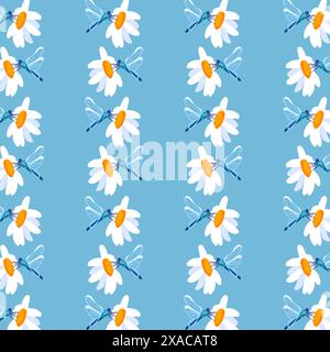 Sommer Hintergrund Gänseblümchen Libelle Blaues nahtloses Muster Frühling weiße Wiese Blume Ornament Verpackung Stoff Tapete Chintz Cambric Musselin Mosaik Stock Vektor