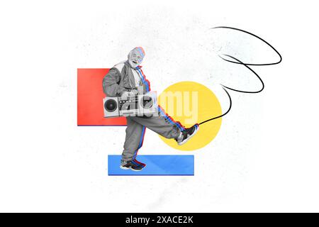 Trend-Artwork Composite Skizzenbild 3D-Fotocollage von funky sorgloser Musik Spiel Relax Rest Alter Mann Hand halten Boombox Retro Vintage Stockfoto