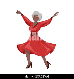 Vektor flache ClipArt Illustration der glücklichen schönen älteren afrikanischen Frau in rotem Kleid isoliert vom Hintergrund. Fröhliche alte schwarze Dame, die tanzt Stock Vektor