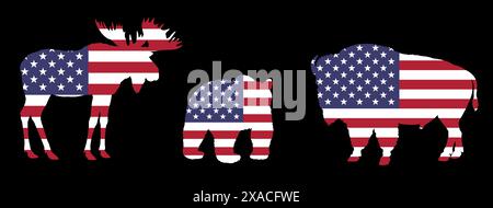 Silhouette von Bären, Bisons und Elchen in den Farben der US-Flagge. Tierillustration in Nationalfarben. Stockfoto