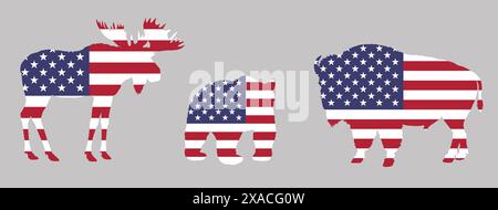 Silhouette von Bären, Bisons und Elchen in den Farben der US-Flagge. Tierillustration in Nationalfarben. Stockfoto