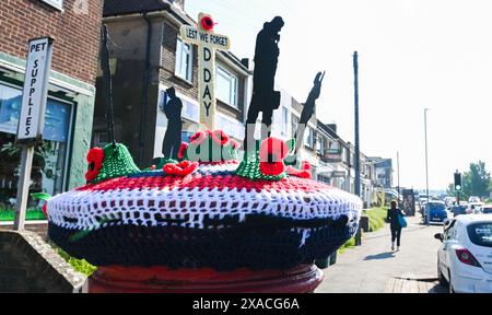 Brighton UK 6. Juni 2024 - Eine Briefkiste in Woodingdean bei Brighton wurde mit einer gestrickten Hommage an den 80. Jahrestag des D-Day geschmückt, da heute in ganz Großbritannien und Frankreich Gedenkfeiern stattfinden: Credit Simon Dack / Alamy Live News Stockfoto