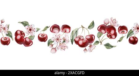 Kirschbeeren mit Blüten und Blättern, Aquarell isolierte Illustration. Nahtloser Rand mit Beerenfrüchten und Frühlingsblüte für Tischtextilien, Schwein Stockfoto