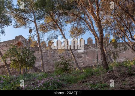 Die zinnenbefestigten Mauern der alten Burg von Gibralfaro, Malaga, Spanien Stockfoto