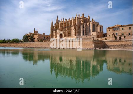 La Seu Kathedrale Santa Maria von Palma, Mallorca, Spanien mit See vor der Tür, perfekte Reflexion auf der Wasseroberfläche bei Sonnenuntergang, horizontale Aufnahme, Mallorca Stockfoto