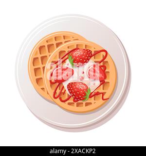 Runde Wiener Waffel mit Schlagsahne, Erdbeerstückchen und Beerenauflage. Gesundes Frühstück. Köstliche weiche Süßigkeiten, realistische isolierte Speisen vecto Stock Vektor