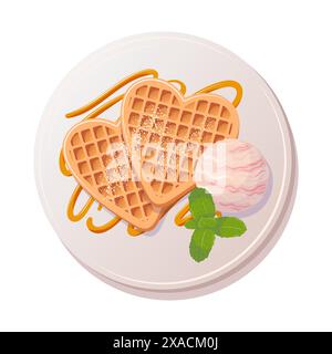 Wiener Waffeln in Herzform mit einer Schaufel Fruchteis, einem Minzblatt und Karamell-Belag. Gesundes Frühstück. Köstliche weiche Süßigkeiten, r Stock Vektor