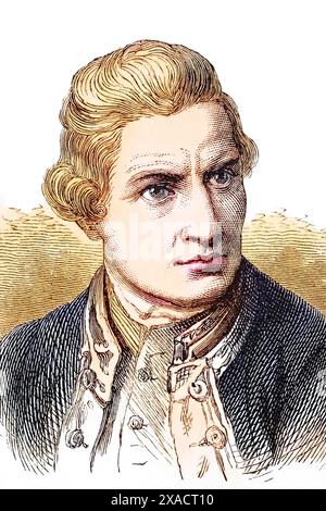 James Cook (geb. 7. November 1728 in Marton bei Middlesbrough, gest. 14. Februar 1779 in der Kealakekua Bay, Hawaii) war ein britischer Seefahrer, Kartograf und Entdecker, Historisch, digital restaurierte Reproduktion von einer Vorlage aus dem 19. Jahrhundert, Datum nicht angegeben, Stockfoto