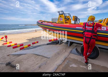 Blick auf das Rettungsboot am Central Beach in Plettenberg Bay, Plettenberg, Garden Route, Western Cape Province, Südafrika, Afrika Copyright: FrankxFell 844 Stockfoto