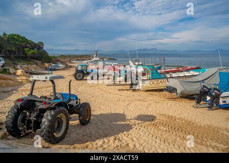 Blick auf die Boote am Central Beach in Plettenberg Bay, Plettenberg, Garden Route, Western Cape Province, Südafrika, Afrika Copyright: FrankxFell 844-33 Stockfoto