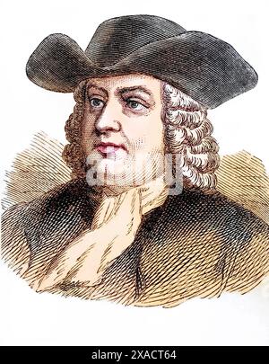 William Penn (geb. 14. Oktober 1644 in London, am. 30. Juli 1718 in Ruscombe, Berkshire) gründete die Kolonie Pennsylvania im Gebiet der heutigen USA, Historisch, digital restaurierte Reproduktion von einer Vorlage aus dem 19. Jahrhundert, Datum nicht angegeben, Stockfoto