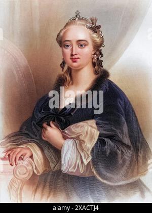 Katharina II., genannt Katharina die große (geb. 2. Mai 1729 als Sophie Auguste Friederike von Anhalt-Zerbst in Stettin, str. 17. November 1796 in Sankt Petersburg), war ab dem 9. Juli 1762 Kaiserin von Russland, Historisch, digital restaurierte Reproduktion von einer Vorlage aus dem 19. Jahrhundert, Datum nicht angegeben, Stockfoto