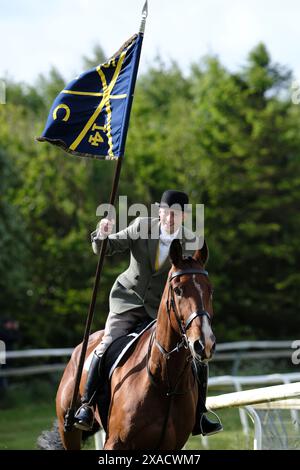 Hawick, Großbritannien. Juni 2024. Ryan Nichol trägt die ungebuschte Flagge "Banner Blue", nachdem er St. Leonards verlassen hat, galoppiert er "Roond the Mair", bevor er vor dem zeremoniellen Beginn des Common Riding in der Stadt Dienst nimmt. Später heute, Donnerstag, den 06. Juni 2024, ist Hawick Common Riding die erste der jährlichen Grenzveranstaltungen. es feiert die Gefangennahme einer englischen Flagge von einer Raidparty im Jahr 1514 durch die Jugend von Hawick in Hornshole und den alten Brauch, auf den Märschen oder Grenzen des gemeinsamen Landes zu reiten. Quelle: Rob Gray/Alamy Live News Stockfoto