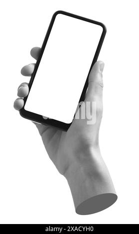 Die Hand des Mannes hält das Handy mit einem leeren Bildschirm isoliert auf weiß. Schwarzweiß-Effekt Stockfoto