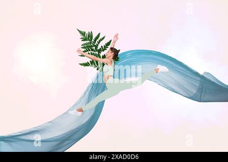 Composite Sketch Bild Artwork Foto Collage der Frühlingssaison Natur Pflanze Blume junge Frau Yoga Pilates springen Übungsgewebe im Freien Stockfoto