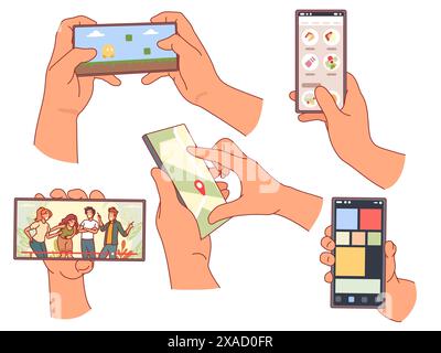 Comic menschliche Hände, die Smartphones halten. Menschen, die Mobiltelefone, Filme, Karten nutzen, Lebensmittel bestellen, elektronische Spiele, Touchscreen-Technologie, digital Stock Vektor