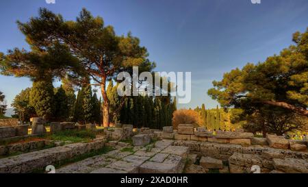 HDR-Foto, Überreste des Tempels Athena Polias, antike Ruinen und Bäume unter sonnigem Himmel, Filerimos, Hügel unweit von Rhodos Stadt, Alter Staat von Stockfoto