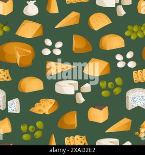 Helles, nahtloses Muster verschiedener Käse- und Obstsorten. Vorspeisen, Snacks für Wein. Vektorillustration in realistischem Stil Stock Vektor