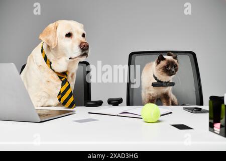 Eine Katze und ein Hund sitzen zusammen in einem Bürostuhl und zeigen eine einzigartige Verbindung zwischen unwahrscheinlichen Gefährten. Stockfoto