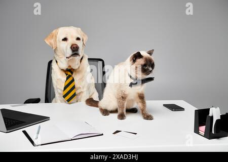 Eine Katze und ein Hund sitzen an einem Schreibtisch, arbeiten zusammen oder teilen einen Moment der Freundschaft und Gesellschaft. Stockfoto