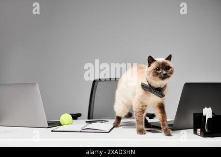 Eine Katze, die einen Laptop auf einem Schreibtisch im Studio überwacht. Stockfoto