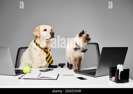 Hund und Katze sitzen aufmerksam an einem Schreibtisch in einem Studio und zeigen ein Haustier- und Pelzfreundekonzept. Stockfoto