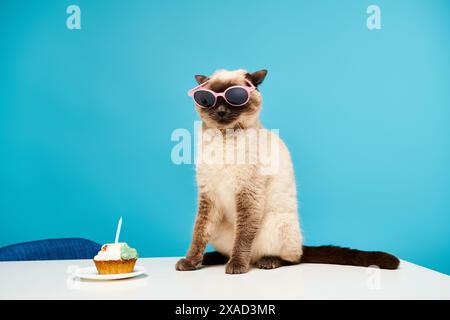 Eine Katze in Sonnenbrille sitzt neben einem Cupcake in einem verspielten Studio-Setting. Stockfoto