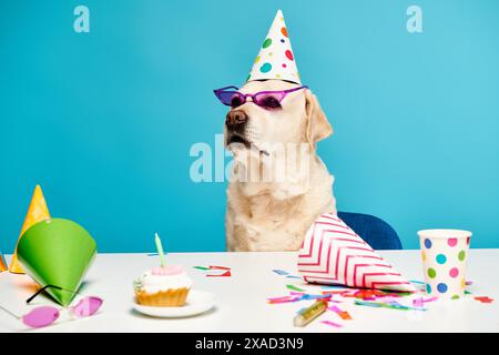 Ein Hund trägt einen Partyhut und eine Sonnenbrille und strahlt in einem Studio eine lustige und festliche Atmosphäre aus. Stockfoto