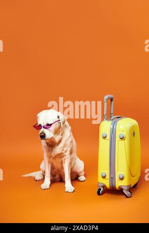 Ein Hund sitzt ruhig neben einem leuchtend gelben Koffer in einem Studio. Stockfoto