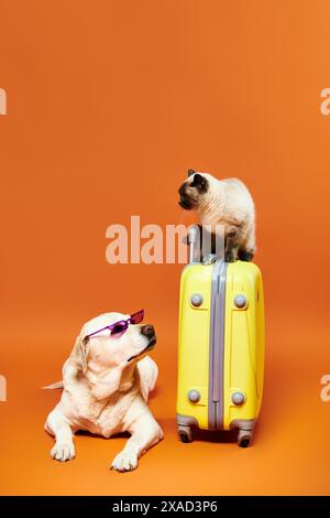 Ein Hund sitzt bequem auf einem Koffer neben einer neugierigen Katze in einem gemütlichen Studio-Setting. Stockfoto