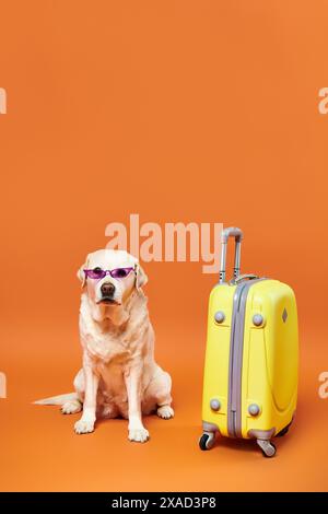 Ein Hund mit Sonnenbrille sitzt neben einem gelben Koffer in einem Studio und strahlt coole und verspielte Vibes aus. Stockfoto