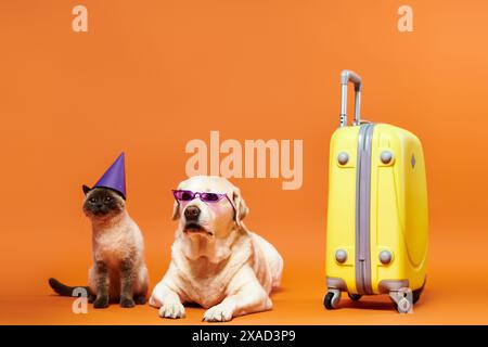 Ein Hund und eine Katze tragen eine Party mit Hüten und Sonnenbrillen in einem verspielten Studio-Setting, die die Verbindung zwischen Haustieren demonstrieren. Stockfoto