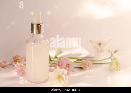 Transparente Glasflasche mit Tropfer für Hyaluronsäure und Aquilegien-Blüten und Sonnenblendung. Unschärfe und selektiver Fokus Stockfoto