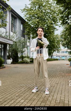 Eine junge queere Person in stilvoller Kleidung, die einen lebhaften Blumenstrauß vor einem Gebäude hält. Stockfoto