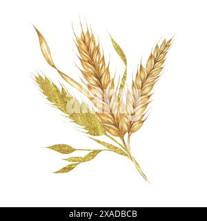 Weizenohrenstrauß. Müsli und Gras Aquarellkomposition mit Goldelementen. Cottagecore Clipart für rustikale Scheune Hochzeitseinladungen, Datumskarten, Bäckerei Design, Etiketten und Geschenkanhänger Stockfoto