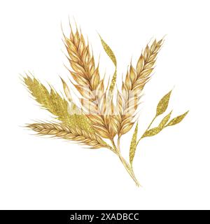 Weizenohrenstrauß. Müsli und Gras Aquarellkomposition mit Goldelementen. Cottagecore Clipart für rustikale Scheune Hochzeitseinladungen, Datumskarten, Bäckerei Design, Etiketten und Geschenkanhänger Stockfoto