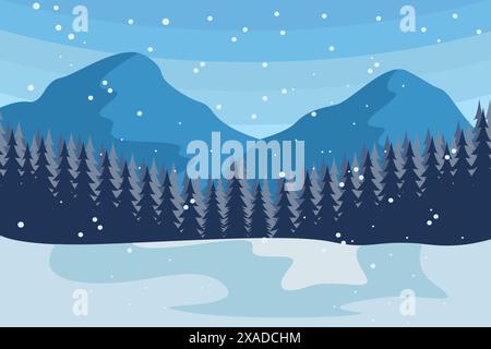 Berglandschaft Vintage-Poster Kiefernwald im Schnee Hintergrund Illustration Design Stock Vektor