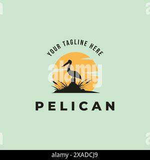 pelican Vogel Logo Vintage mit Sonnenvektor Illustration Design Stock Vektor