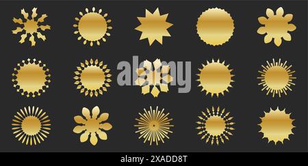 Goldene leere Aufkleber – Promo-Set. Kollektion aus flachem goldenem Starburst, Verkaufs- oder Preisschild, Qualitätssiegel, Retro-Rabattabzeichen 70er oder 80er Jahre, Sonnenstrahl Stock Vektor