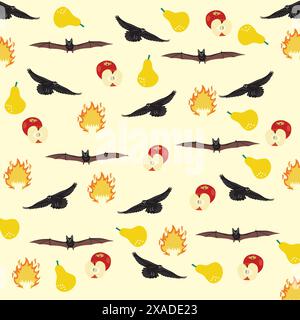 Niedliche Fledermaus und Krähe mit Apfel, Peer, Feuer als Musterhintergrund Stock Vektor