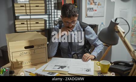 Nachdenklicher spanischer Detective, der Beweise in einem überfüllten Polizeibüro untersucht. Stockfoto