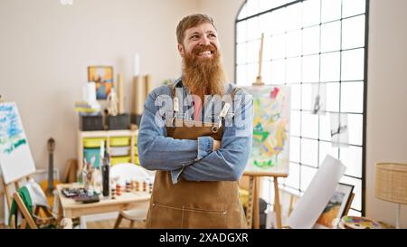 Ein bärtiger, gutaussehender rothaariger Mann, junger Künstler, steht selbstbewusst mit überkreuzten Armen im Kunststudio und lächelt hell, während er seinen Malkurs genießt Stockfoto