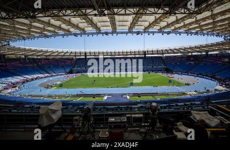 Rom, Italien. Juni 2024. Leichtathletik: Vor Beginn der Europameisterschaft; Pressekonferenz des Europäischen Leichtathletikverbandes: Blick auf das Stadio Olympico, das Olympiastadion vor Beginn der Europameisterschaft. Quelle: Michael Kappeler/dpa/Alamy Live News Stockfoto