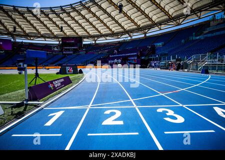 Rom, Italien. Juni 2024. Leichtathletik: Vor dem Start der Europameisterschaft: Pressekonferenz des Leichtathletik-Europameisterbundes: Blick auf das Stadio Olympico, das Olympiastadion vor dem Start der Europameisterschaft. Quelle: Michael Kappeler/dpa/Alamy Live News Stockfoto