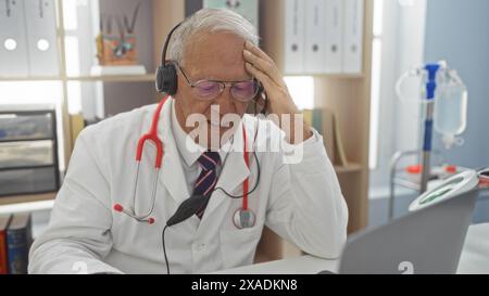 Ein älterer kaukasischer Mann in einem Klinikzimmer, der ein Headset und ein Stethoskop trägt und frustriert erscheint, als er an einem Laptop arbeitete. Stockfoto