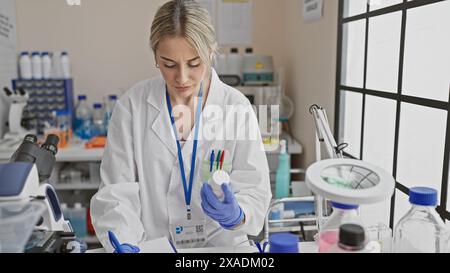 Fokussierte Wissenschaftlerin analysiert Proben im Labor und veranschaulicht Themen im Gesundheitswesen und Forschung. Stockfoto