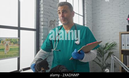 Ein hispanic-Mann mittleren Alters, der ein Klemmbrett mit zwei chihuahua-Hunden in einer Tierklinik hält. Stockfoto