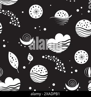 Nahtlose Neo-Folk-Muster mit Mond, Wolke, Sonne und Sternen, himmlischem Schwarz-weiß-Design. Setzen Sie Neo Folk Stil endlose Hintergründe perfekt für Stock Vektor